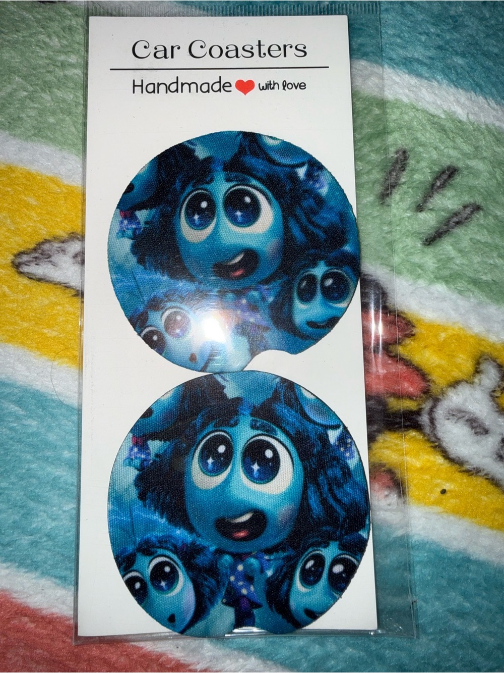 Handmade Blue Character Car Coasters - Set of 2